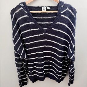 Roxy Hooded Navy Striped V-Neck Lightweight Sweater Size M Boho Coastal Knit